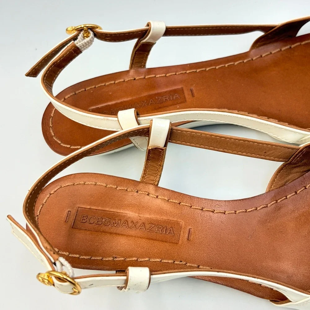 BCBG MAX AZRIA Cream Patent Leather Wedge Slingback Sandals 6.5B Chic Brazil